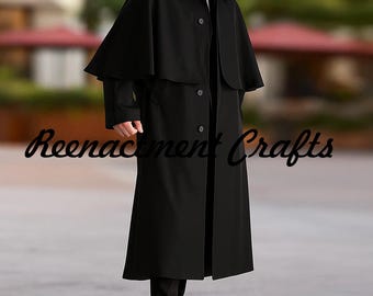Black Wool Inverness Cape: Victorian Regency Style, Steampunk Fashion Coat