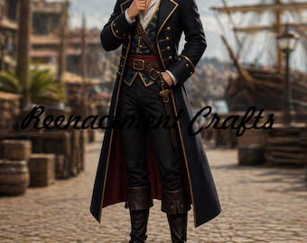 Men's Black Wool Buccaneer Frock Coat: Pirate Captain Long Coat, Hook Jack Sparrow Costume