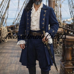 Navy Blue Wool Pirate Captain Frock Coat: Buccaneer Jack Sparrow Jacket, Sea Wolf Costume