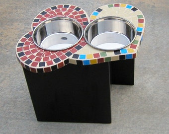 Two Hearts Diner, large elevated dog feeder, mosaic bowl holder