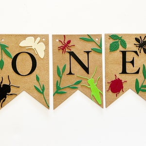 May include: A brown paper banner with the word "ONE" in black letters. The banner is decorated with green leaves, a white butterfly, a red ladybug, a green grasshopper, a black beetle, and a red ant.
