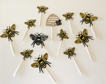 Bee Cupcake Toppers, baby shower, birthday, mom to bee, 3D bees
