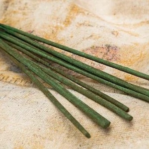 May include: A collection of seven thin, cylindrical incense sticks with a matte, forest green finish. The sticks are arranged in a loose, overlapping cluster, each featuring a uniform, straight shape with slightly tapered, pointed ends.