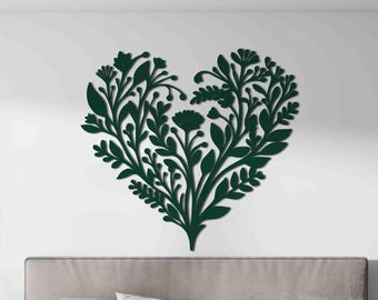 Arte de pared de metal con forma de corazón floral: Diseño botánico