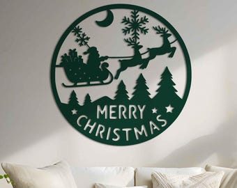 Arte de pared de metal navideño: Decoración de reno y trineo de Papá Noel