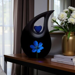 Blue Flower Urn Box, Adult Ashes, Tear Drop Shape, Dark Floral Memorial, Elegant Blue Bloom, Blue Heart Keepsake, Urn box for Human Ashes