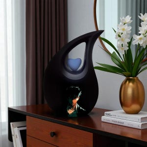 Anime Modern Urn Box, Adult Ashes, Tear Drop Shape, Dark Anime Style Memorial, Brooding Figure, Blue Heart Keepsake, Urn box for Human Ashes