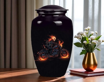 Urna de cremación para adultos para cenizas humanas, urna de motociclista negra con diseño de motocicleta ardiente, contenedor conmemorativo único inspirado en Ghost Rider, caja de urna