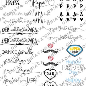May include: A collection of black and white text designs and illustrations, including the word "Papa" in various fonts, hearts, mustaches, and phrases like "Happy Daddy Day" and "Super Dad".
