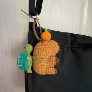 Crochet Capybara Turtle Keychain, Handmade Amigurumi Bag Charm, Cute Animal Backpack Charm, Kawaii Purse Charm Gift