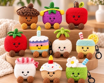 May include: A collection of nine crocheted cases for wireless earbuds, each featuring a unique character design including an acorn, purple fruit, red apple, tomato, birthday cake, palm tree, drink with lemon, sushi, and a flower-topped drink.