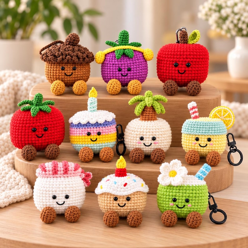 May include: A collection of nine crocheted cases for wireless earbuds, each featuring a unique character design including an acorn, purple fruit, red apple, tomato, birthday cake, palm tree, drink with lemon, sushi, and a flower-topped drink.