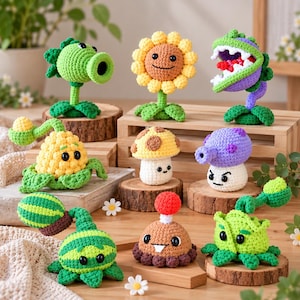 May include: A collection of nine crocheted plant and mushroom figures inspired by video game characters. The set includes green pea shooters, a yellow sunflower, a purple chomper, a corn cob, spotted mushrooms, and a watermelon-themed plant.