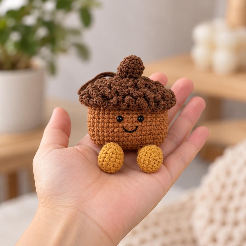 May include: A small, crocheted acorn-shaped case with a dark brown textured cap and a light brown body. It features two small black bead eyes, a stitched black smile, and two light yellow round feet attached to the bottom.