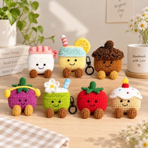 Crochet AirPods Case Cover with Keychain, Handmade Kawaii Earbuds Holder, Cute Amigurumi Bag Charm, Fruit Acorn Cake Gift, Small Gift