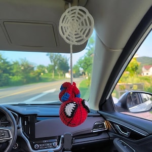 Crochet Spider Car Hanging, Handmade Amigurumi Spider Mirror Charm, Red Blue Plush Car Decor, Cute Hero-Inspired Gift, Rear View Ornament