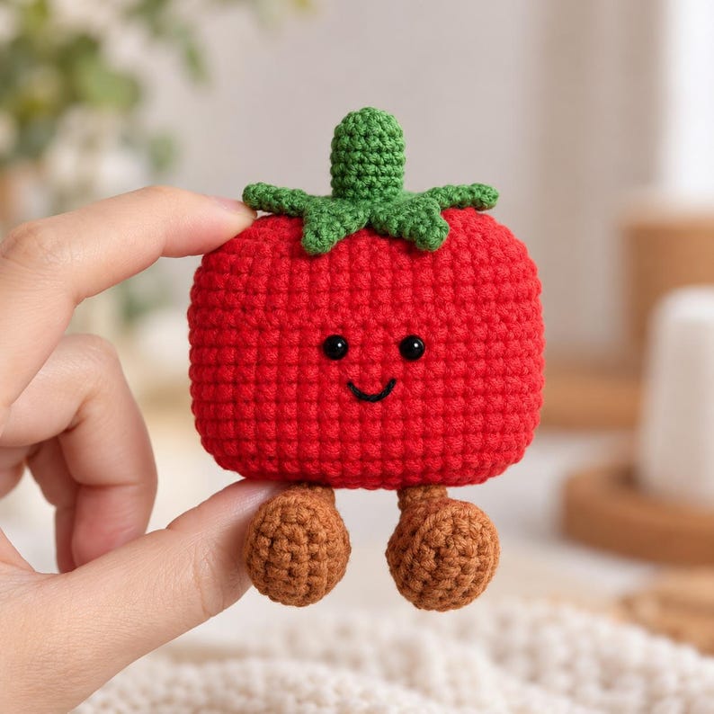 May include: A small, square-shaped red crochet tomato figure with a green stem on top. The tomato has two black bead eyes, a stitched black smile, and two small brown crochet feet dangling from the bottom of the red body.
