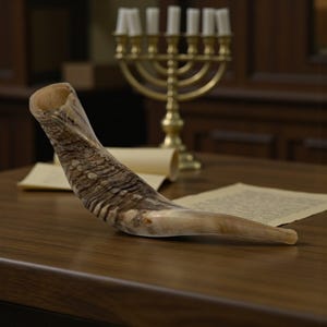 May include: A curved shofar, light brown with a textured pattern, on a wooden table. A golden menorah and parchment are in the background. The shofar is a traditional Jewish ritual object.