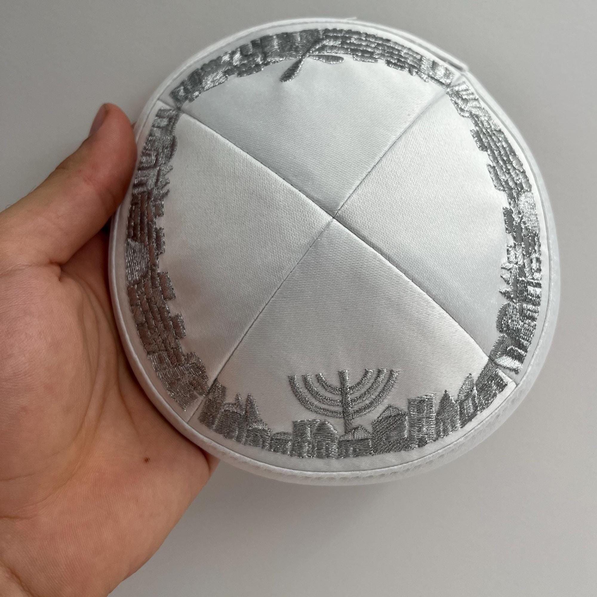 Embroidered Wedding Kippah - Handmade White Yarmulke 