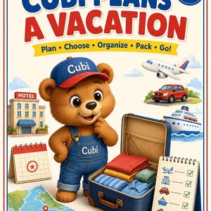 Peut inclure: Une couverture de livre pour enfants intitulée Cubi Plans a Vacation pour les 4-7 ans. Un ours brun portant une casquette et une salopette bleues est à côté d'une valise ouverte, d'un hôtel, d'une carte, d'un calendrier et d'une liste.