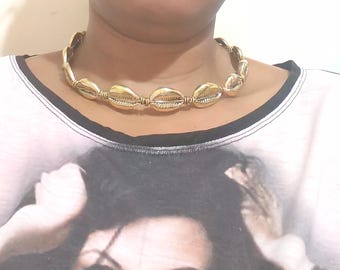 Brass Cowrie Shell Necklace, Adjustable African Choker