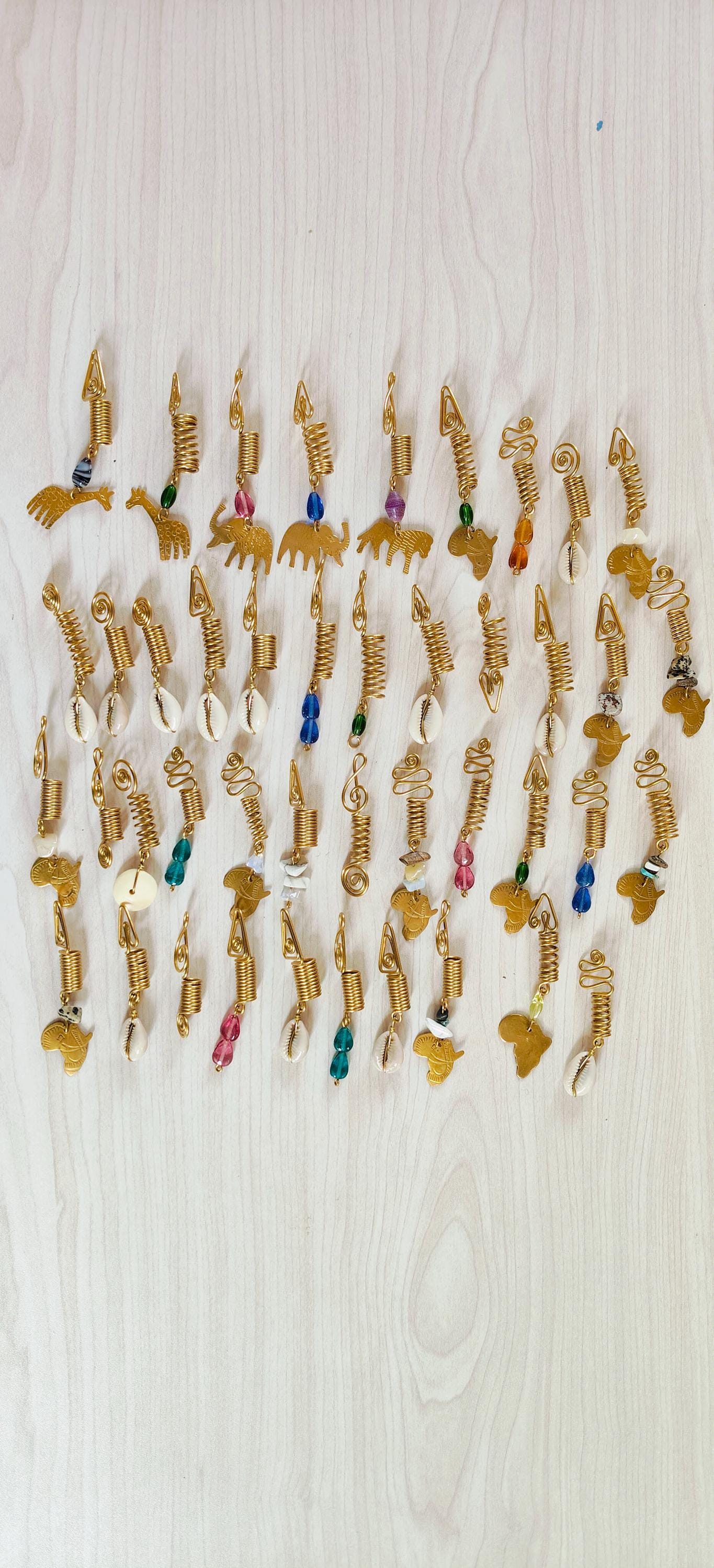 African Brass Hair Charms Set - Cowrie Shell, Beaded Loc Adornments - Tribal Boho Cuffs