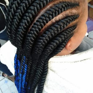 Puede incluir: Primer plano de un peinado trenzado. El cabello está peinado con trenzas gruesas y negras, con algunos mechones teñidos de azul. Las trenzas están pegadas al cuero cabelludo, con las puntas cayendo hacia abajo. Una interpretación moderna de las trenzas tradicionales.
