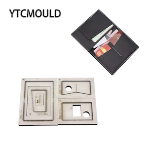 Puede incluir: Cartera de cuero negro con costuras blancas, que contiene tarjetas y efectivo. Debajo, cuatro plantillas de corte de madera para manualidades, con varias formas y tamaños, incluyendo rectángulos y círculos. El texto "YTCMOULD" está en la parte superior.
