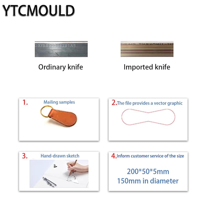 K&ouml;nnte beinhalten: Bild mit dem Text "YTCMOULD". Es enth&auml;lt Bilder eines Messers, eines Leder-Schl&uuml;sselanh&auml;ngers, einer Vektorgrafik und einer handgezeichneten Skizze. Der Text enth&auml;lt auch "Musterversand", "Handgezeichnete Skizze" und Gr&ouml;&szlig;enangaben von 200*50*5mm und 150mm im Durchmesser.