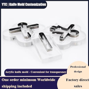 May include: Acrylic knife molds for knife customization. The molds are made of clear acrylic and feature metal knife components. The image includes text that reads "YTC | Knife Mold Customization" and "Acrylic knife mold - Convenient for transparency."