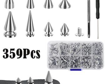 359 Sets Punk Spikes and Studs Kit，8 Sizes Cone Spikes,Metal Tree Spikes Studs for Leathercraft and Punk Style Clothing Accessories