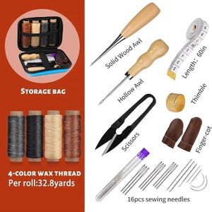 May include: A sewing kit with a storage bag, awls, scissors, needles, thimble, finger cots, and a measuring tape. Includes 4-color wax thread, each roll 32.8 yards. The measuring tape is 60 inches long.