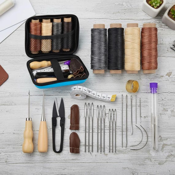 Leather Sewing Kit, Leather Stitching Kit with Sewing Awl, Needles, Waxed Thread