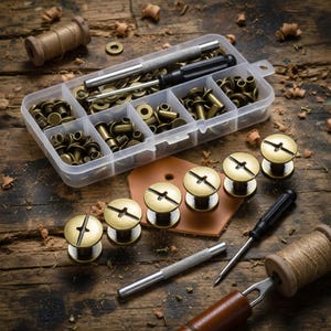 May include: A collection of leatherworking tools and hardware, including rivets, screws, and a clear plastic organizer. The image shows a variety of brass-colored rivets and screws, along with a spool of thread and a leather punch.