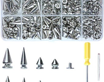 354 Sets Punk Spikes and Studs Kit，8 Sizes Cone Spikes,Metal Tree Spikes Studs for Leather craft and Punk Style Clothing Accessories