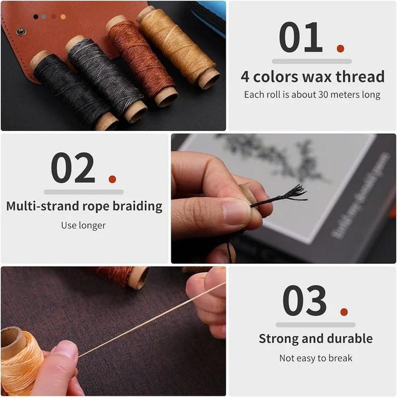 May include: An image showcasing four spools of wax thread in black, gray, brown, and tan. The text reads "4 colors wax thread" and "Each roll is about 30 meters long." Additional images show rope braiding and the thread's durability.