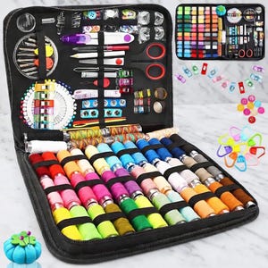 Kit completo de costura para manualidades y viajes / Hilo, agujas, tijeras, cinta adhesiva, botones y más / Set de manualidades portátil