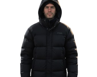 Chaqueta acolchada negra con capucha para hombre / Abrigo de invierno resistente al viento