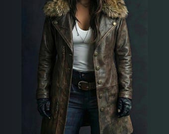 Distressed Brown Leather Trench Coat | Women's Vintage Biker Style