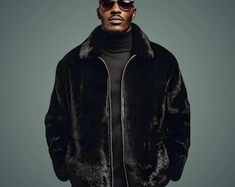 Men's Black Faux Mink Fur Bomber Jacket | Luxury Streetwear