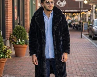 Men's Black Mink Fur Long Overcoat | Vintage Style Warm Jacket