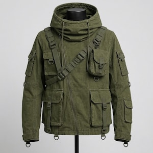 Chaqueta táctica con capucha para hombre, color verde oliva, estilo técnico, estilo utilitario, abrigo militar cargo, estilo urbano, chaqueta de viaje para exteriores.