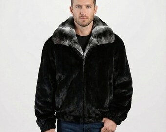 Men's Black Faux Fur Bomber Jacket | Silver-Grey Collar