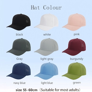May include: A collection of baseball caps in various colors, including black, white, pink, gray, light gray, burgundy, navy blue, light blue, and green. The hats have a mesh back and are labeled with their respective colors. The text "Hat Colour" is at the top.