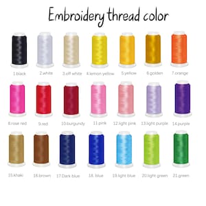 May include: A color chart of embroidery thread spools. The chart displays 21 thread colors, including black, white, yellow, orange, red, pink, purple, blue, green, brown, and khaki. The text "Embroidery thread color" is at the top.