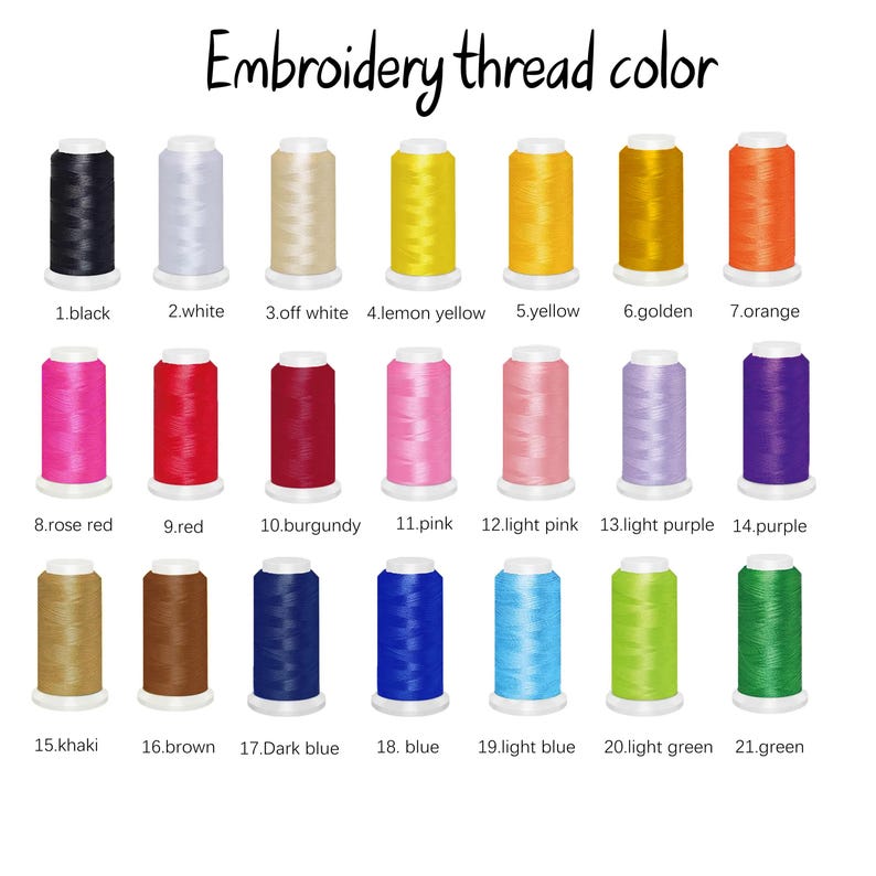 May include: A color chart of embroidery thread spools. The chart displays 21 thread colors, including black, white, yellow, orange, red, pink, purple, blue, green, brown, and khaki. The text "Embroidery thread color" is at the top.