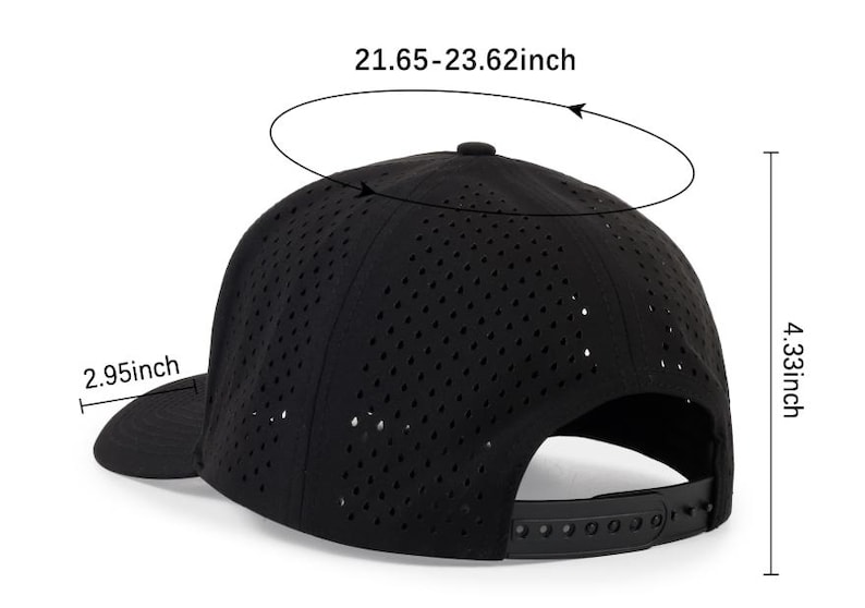 May include: Black baseball cap with a perforated design. The cap has a curved brim measuring 2.95 inches, a height of 4.33 inches, and a circumference of 21.65-23.62 inches. It features an adjustable strap at the back.