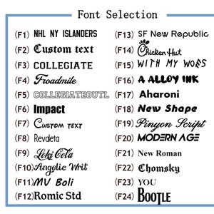 May include: A blue-bordered graphic displays a "Font Selection" chart. It showcases 24 different font styles, each labeled with a number and a sample text, including "Impact," "Custom text," and "Chicken Hut."