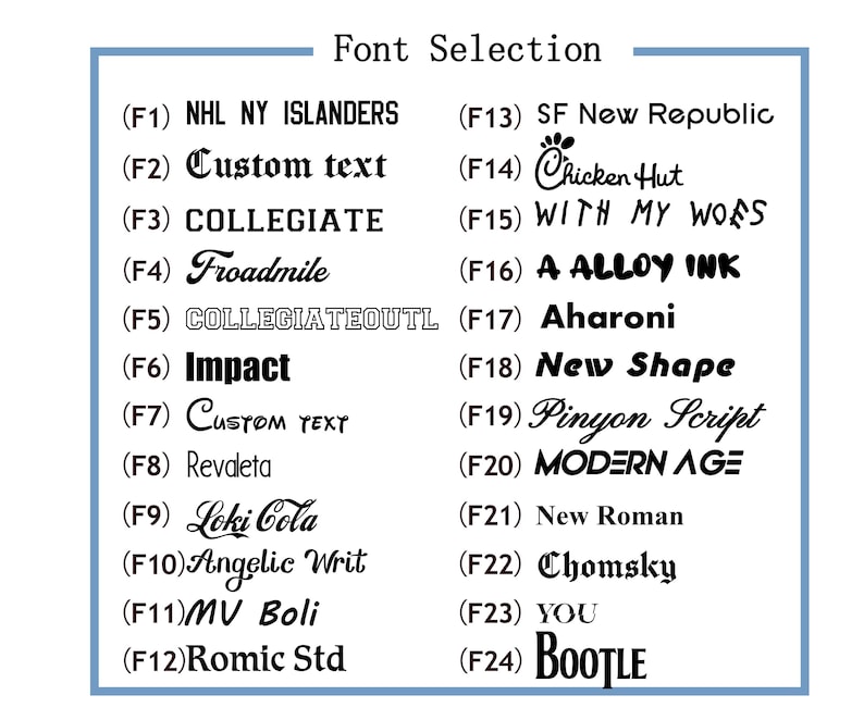 May include: A blue-bordered graphic displays a "Font Selection" chart. It showcases 24 different font styles, each labeled with a number and a sample text, including "Impact," "Custom text," and "Chicken Hut."