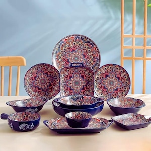 Bohemian Ceramic Dinnerware Set | Artistic 8 Piece Tableware, Housewarming Gift for Mum/Mom, Rustic Dining Decor